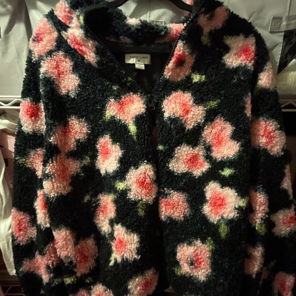 Sandy Liang Black and Pink Floral Teddy Jacket